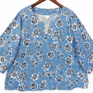 J.Jill Shirt Womens XLP Blue Love Linen Floral Split Neck 3/4 Sleeve 100% Linen
